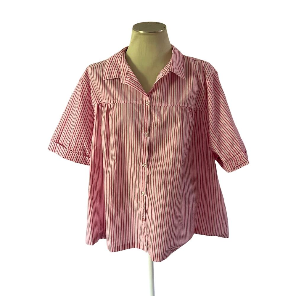 Pink Stripe Short Sleeve Button Down Shirt Plus Sz 30W